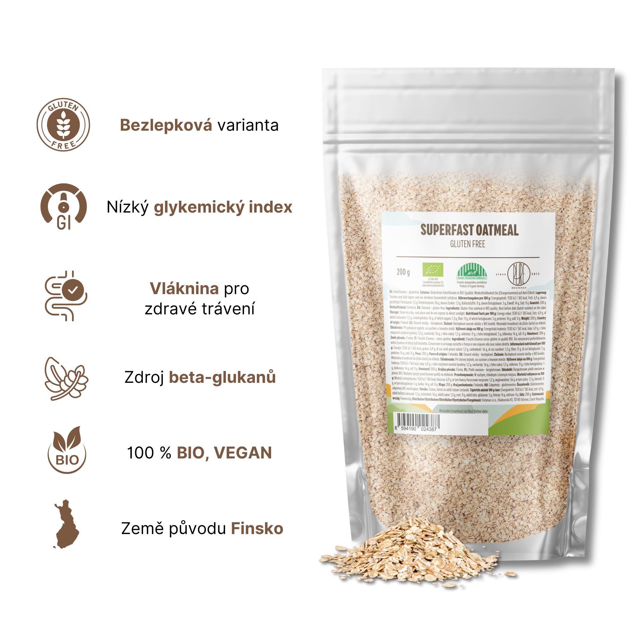 BrainMax Pure Superfast Ovesné Vločky, bezlepkové BIO, 200 g